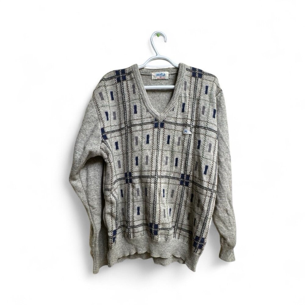Monte Carlo Collection Lambswool V-Neck Sweater Gray Geometric Plaid Size 38 M